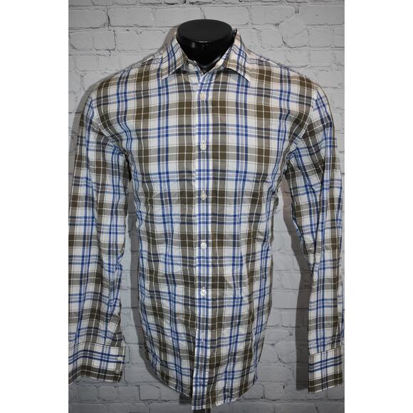Boss Hugo Boss Dress Shirt Mens Size XL Regular Fit Brown Blue Plaids Cotton - Picture 2 of 7